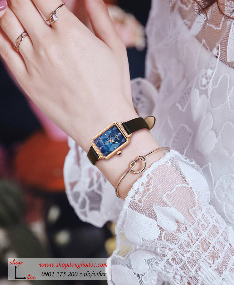 Đồng hồ nữ Julius Hàn Quốc JA 1280B dây da mặt chữ nhật khảm trai xanh cá tính ĐHĐ30302