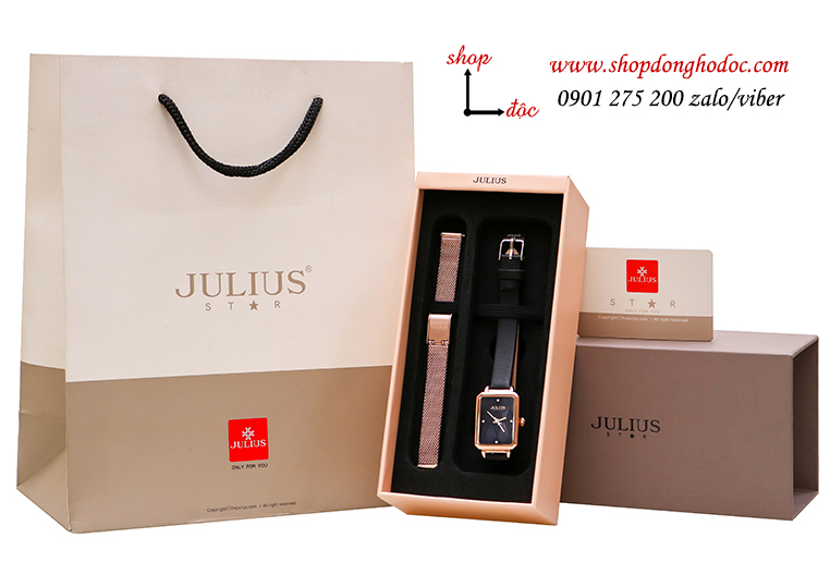 Đồng hồ nữ Julius Hàn Quốc JA 1280B dây da mặt chữ nhật khảm trai xanh cá tính ĐHĐ30302