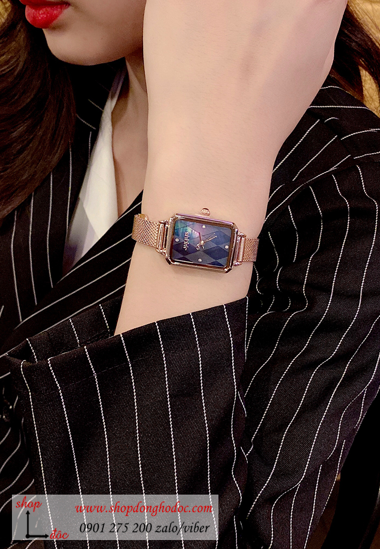 Đồng hồ nữ Julius Hàn Quốc JA 1280B dây kim loại mặt chữ nhật khảm trai xanh cá tính ĐHĐ30304