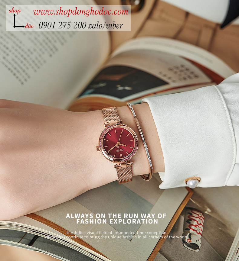 Đồng hồ nữ Julius JA 1284C dây kim loại mặt tròn đính đá đỏ quý phái ĐHĐ34804