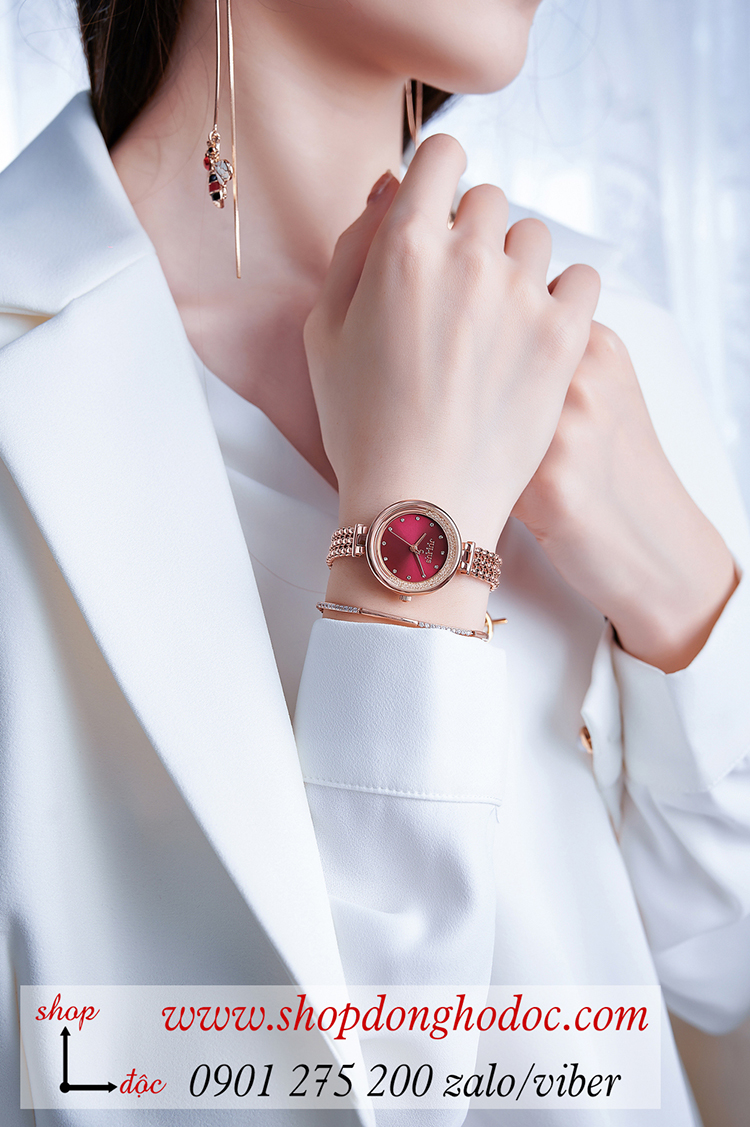 Đồng hồ nữ Julius Hàn Quốc JA 1285B dây kim loại mặt tròn đính đá đỏ quyến rũ ĐHĐ35403