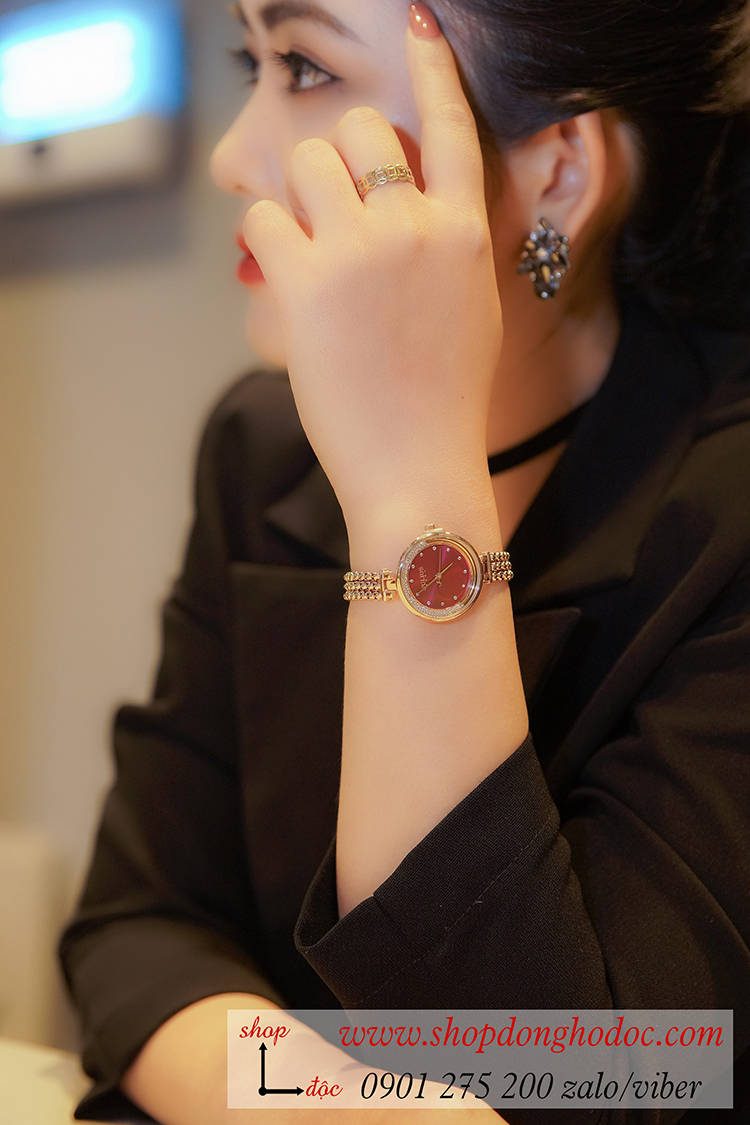 Đồng hồ nữ Julius Hàn Quốc JA 1285B dây kim loại mặt tròn đính đá đỏ quyến rũ ĐHĐ35403
