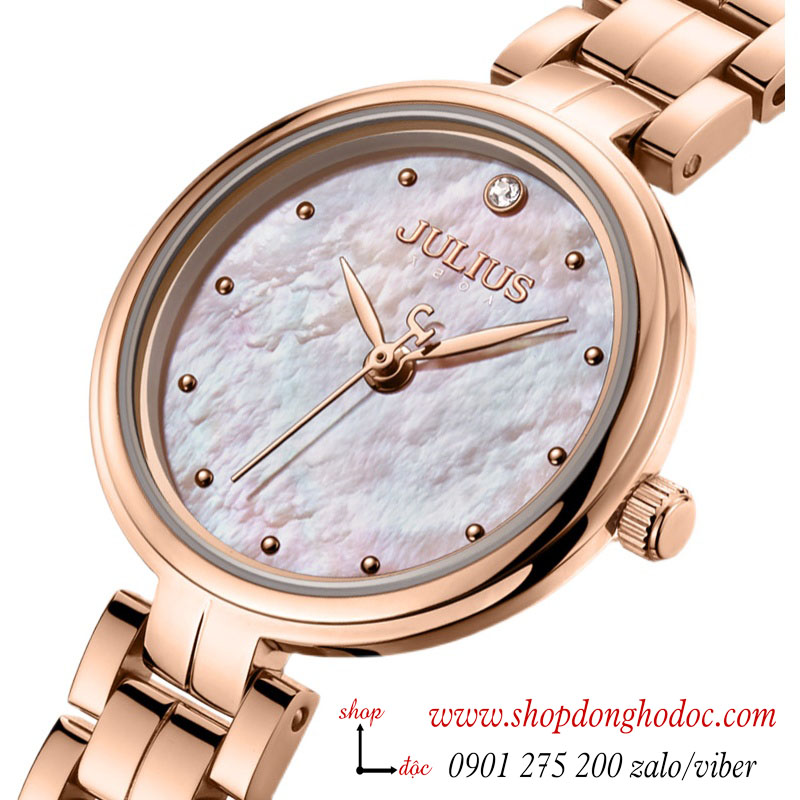 Đồng hồ nữ Julius JA 1294 dây kim loại mặt tròn size nhỏ khảm trai trắng hồng sang chảnh ĐHĐ37401