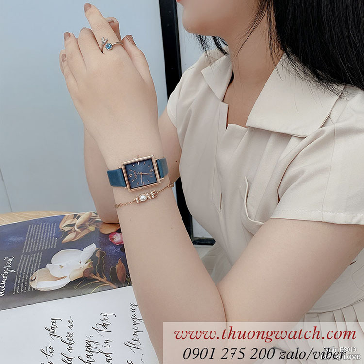Đồng hồ nữ Julius JA 1335C dây da mặt chữ nhật xanh dương cá tính ĐHĐ41002
