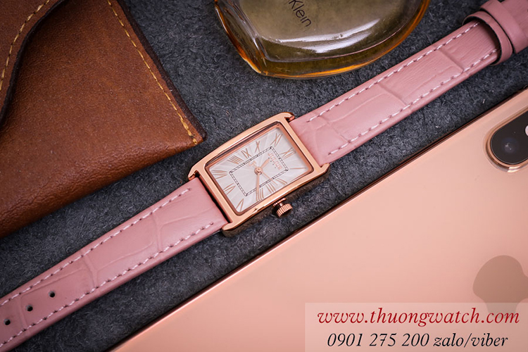 Đồng hồ nữ Julius JA 1338B dây da mặt chữ nhật size nhỏ hồng pastel ĐHĐ40901