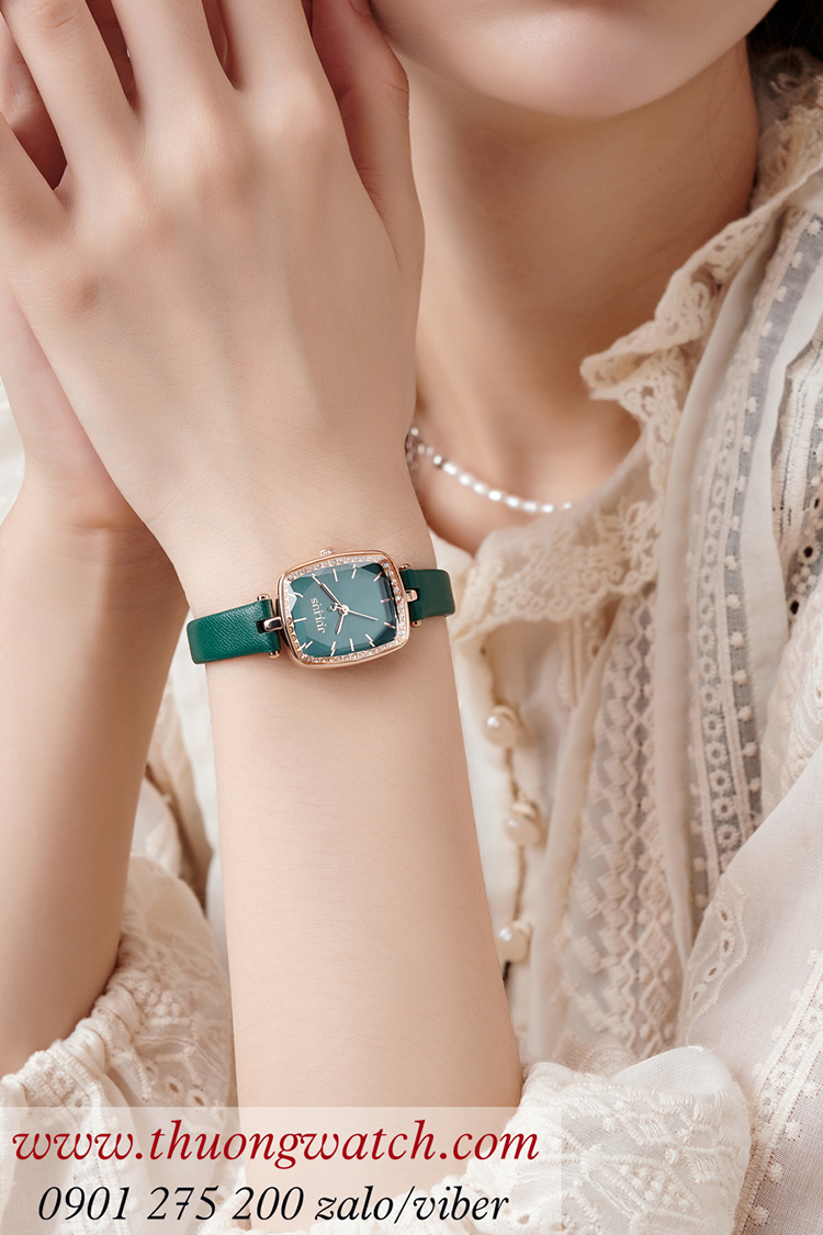 Đồng hồ nữ Julius JA 1341D dây da mặt chữ nhật xanh lục sành điệu ĐHĐ40404