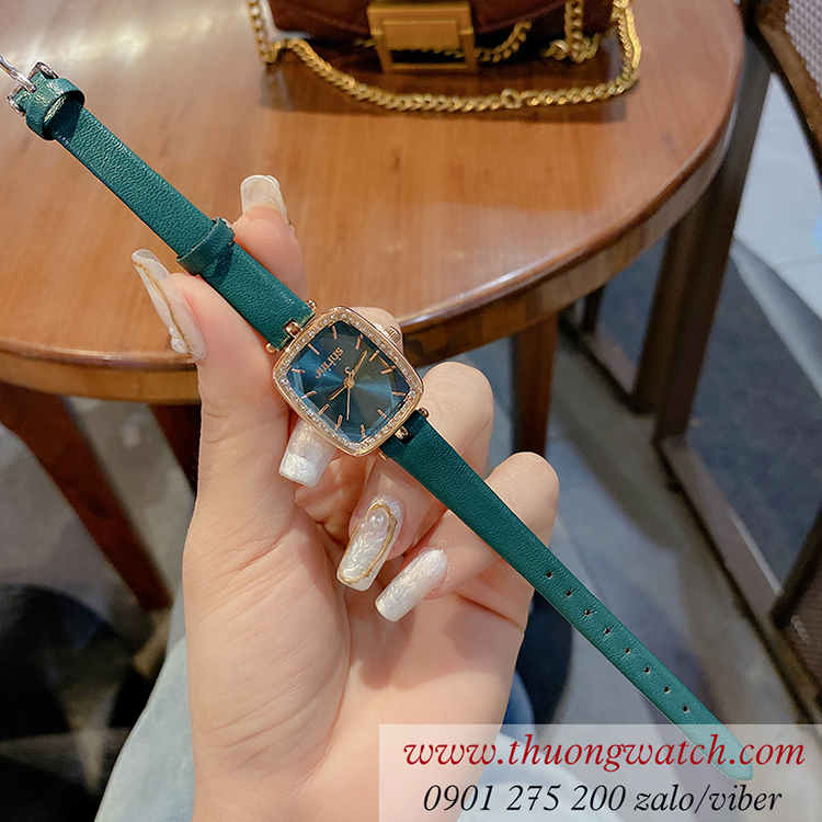 Đồng hồ nữ Julius JA 1341D dây da mặt chữ nhật xanh lục sành điệu ĐHĐ40404