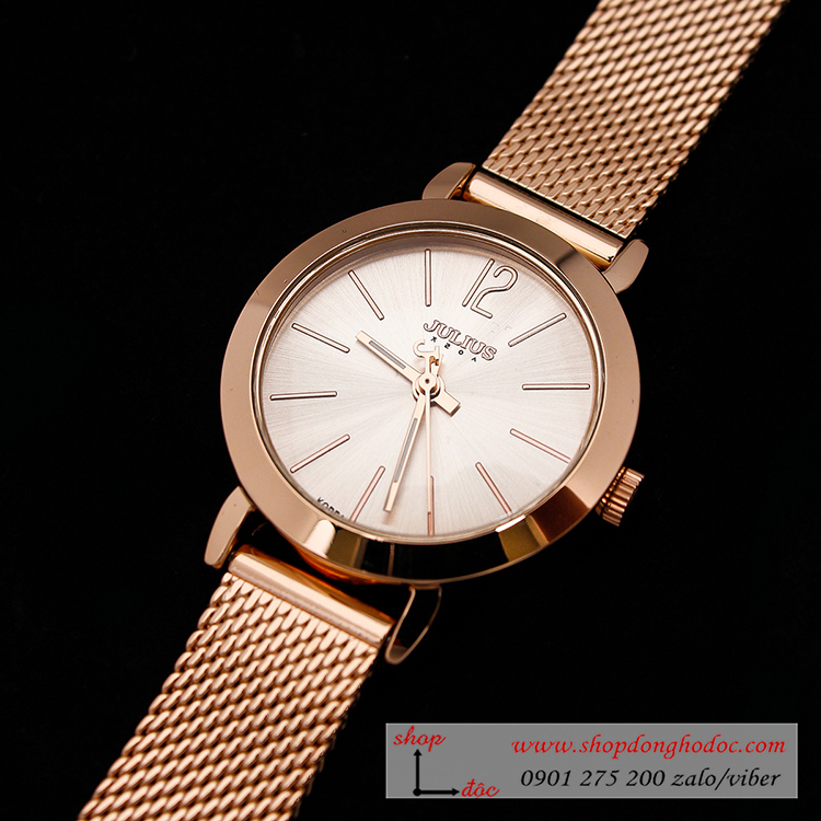 Đồng hồ nữ dây kim loại lưới vàng mặt tròn hồng nhạt thời trang Julius 732 ĐHĐ25403