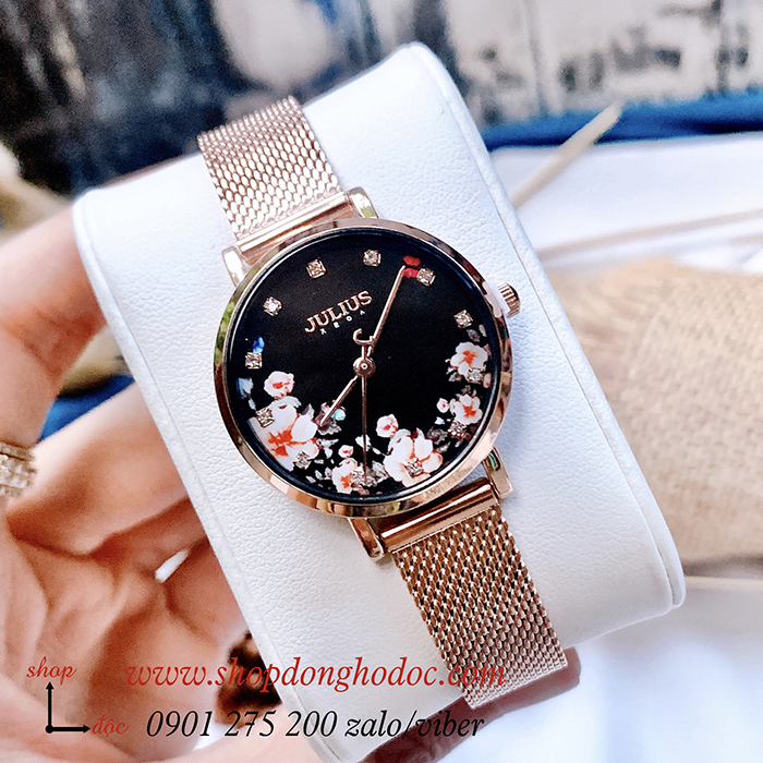 Đồng hồ nữ Julius JA 1164LG dây kim loại lưới mặt tròn hoa sang chảnh ĐHĐ27801