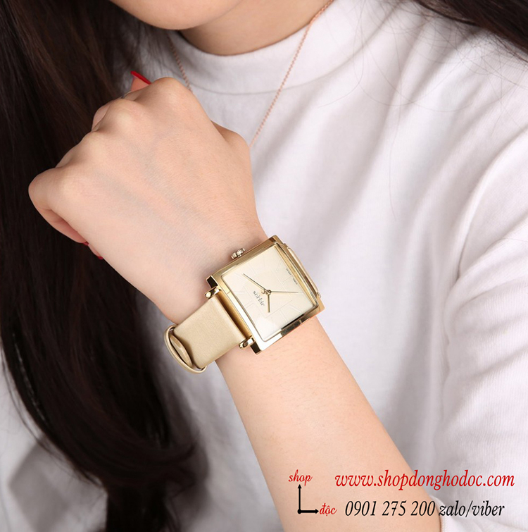 Đồng hồ nữ Hàn Quốc Julius 354C dây da mặt vuông vàng kem sang chảnh ĐHĐ23801