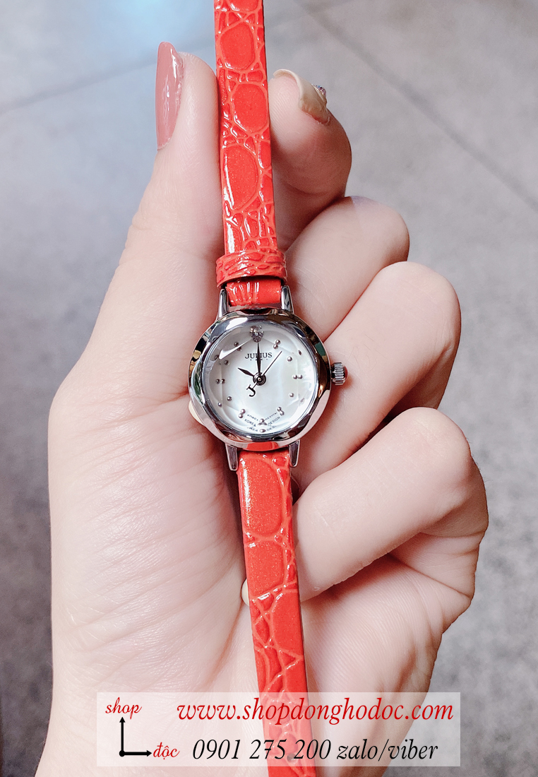 Đồng hồ nữ Hàn Quốc Julius JA 482D dây da mặt tròn size nhỏ đỏ cam nổi bật ĐHĐ30801