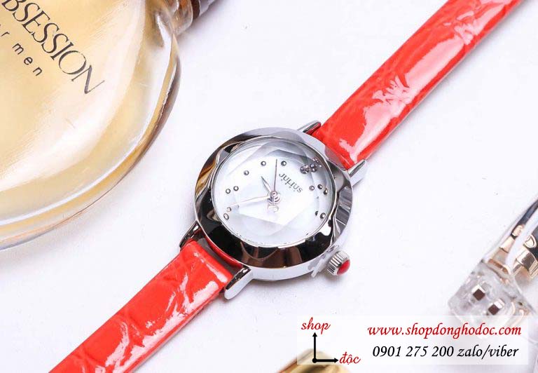 Đồng hồ nữ Hàn Quốc Julius JA 482D dây da mặt tròn size nhỏ đỏ cam nổi bật ĐHĐ30801