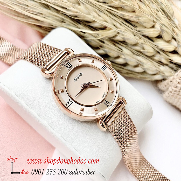 Đồng hồ nữ dây kim loại lưới mặt tròn vàng hồng nhẹ nhàng Julius 728 ĐHĐ24003