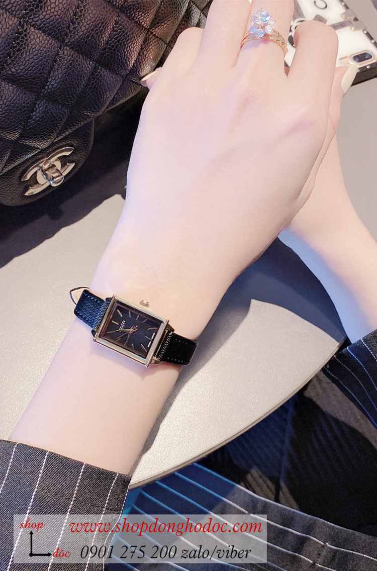 Đồng hồ nữ Julius JA 787B dây da mặt chữ nhật size nhỏ đen thanh lịch ĐHĐ24102