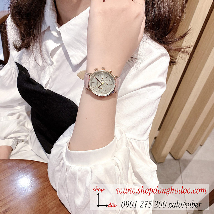 Đồng hồ nữ Julius Hàn Quốc JA 862C1 dây da mặt tròn size to 6 kim hồng pastel ĐHĐ32301