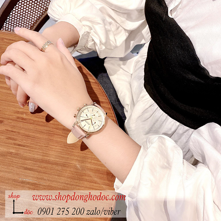 Đồng hồ nữ Julius Hàn Quốc JA 862C1 dây da mặt tròn size to 6 kim hồng pastel ĐHĐ32301