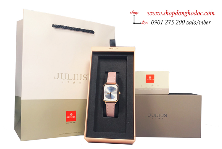 Đồng hồ nữ Julius Hàn Quốc JS 050A kính Sapphire dây da mặt chữ nhật hồng Pastel dịu dàngĐHĐ32603