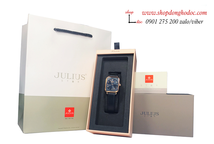 Đồng hồ nữ Julius Hàn Quốc JS 050B kính Sapphire dây da mặt chữ nhật đen cá tính ĐHĐ32602
