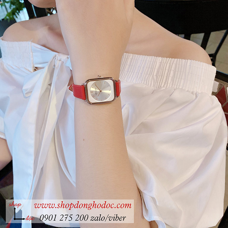 Đồng hồ nữ Julius Hàn Quốc JS 050C kính Sapphire dây da mặt chữ nhật đỏ quyến rũ ĐHĐ32601