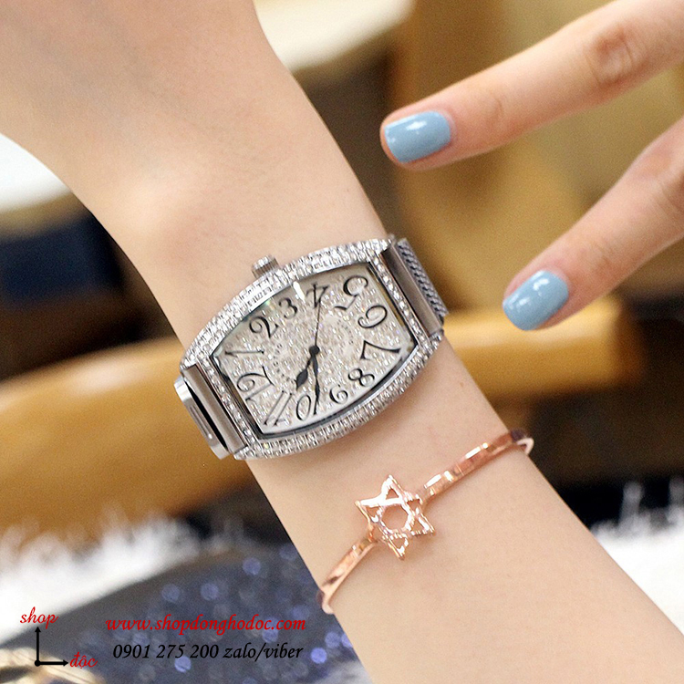 Đồng hồ nữ dây kim loại mặt chữ nhật đính đá bạc thời trang ĐHĐ27301