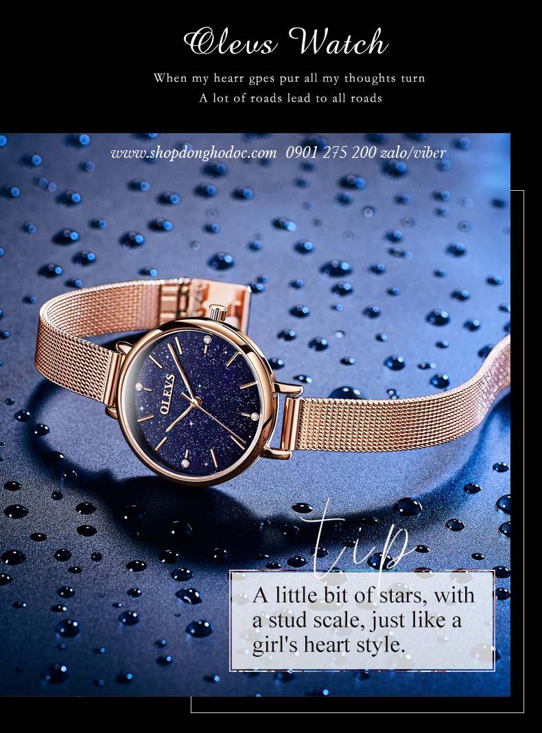 Đồng hồ nữ dây kim loại lưới mặt tròn xanh dương sành điệu Olevs ĐHĐ20602
