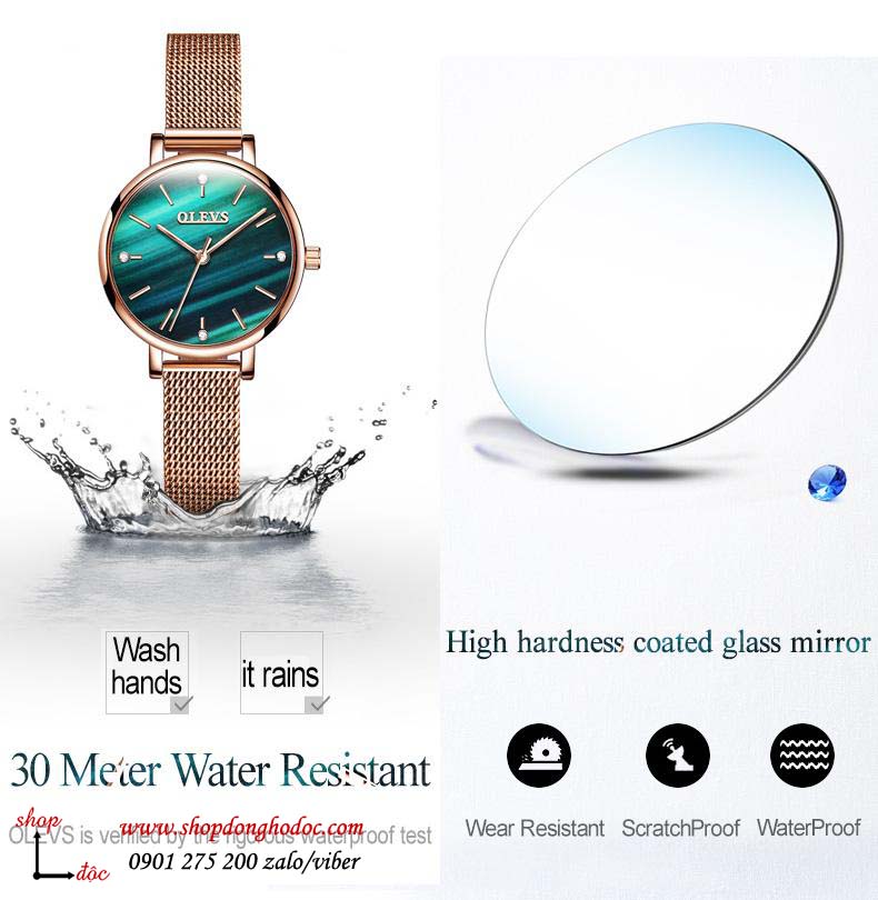 Đồng hồ nữ dây kim loại lưới mặt tròn xanh lục cá tính Olevs ĐHĐ20601