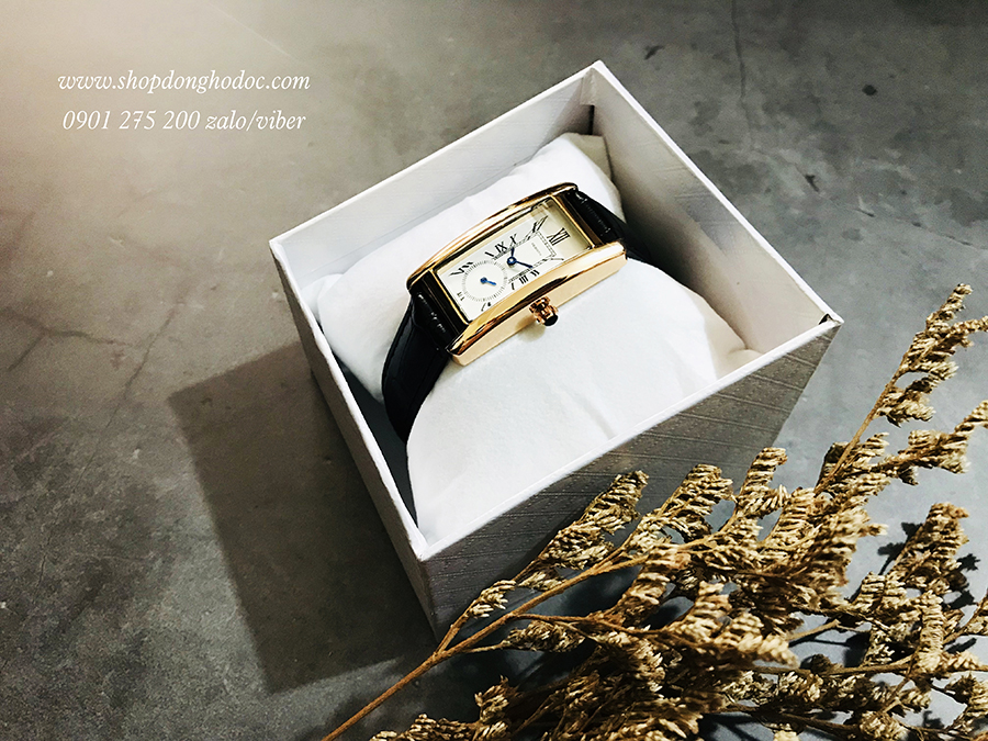 Đồng hồ nữ dây da mặt chữ nhật viền vàng đen thanh lịch Rebirth ĐHĐ21401