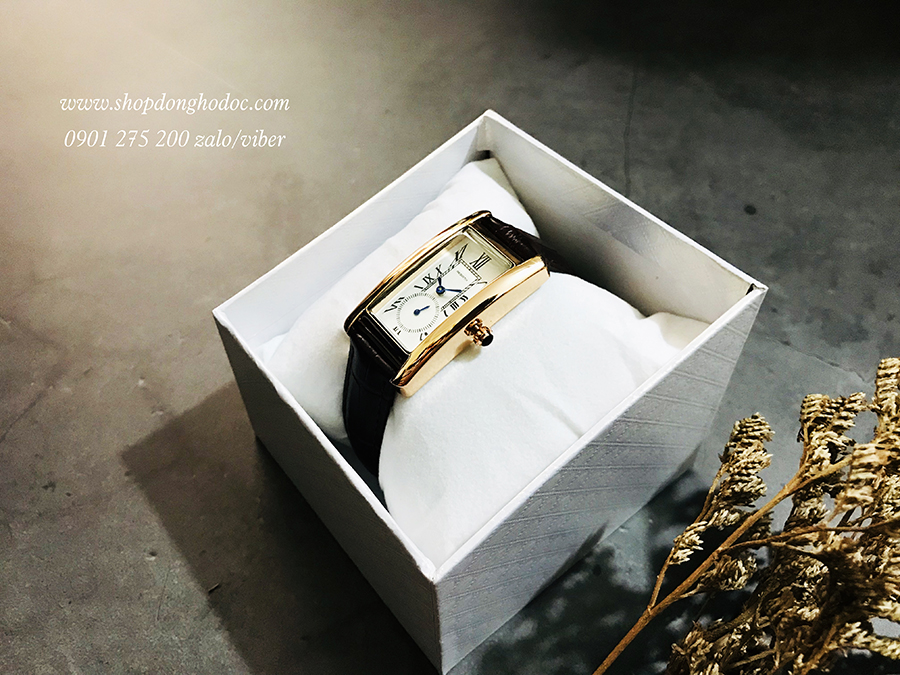 Đồng hồ nữ dây da mặt chữ nhật viền vàng nâu đất cá tính Rebirth ĐHĐ21403