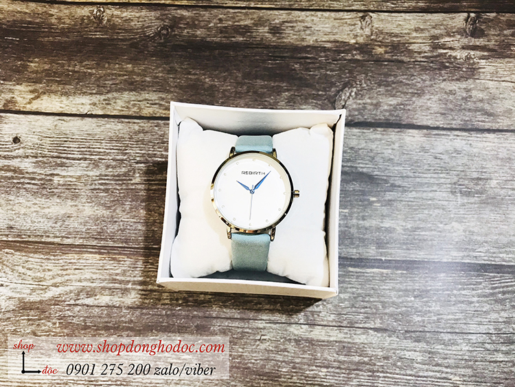 Đồng hồ nữ dây da mặt tròn xanh dương pastel Rebirth ĐHĐ21501