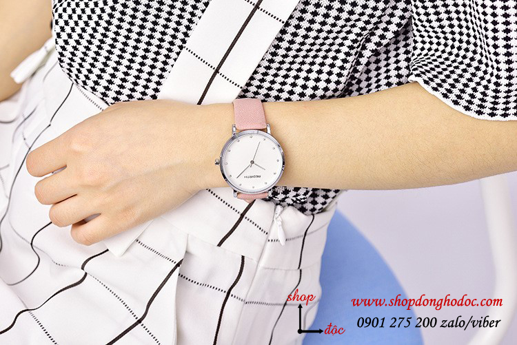 Đồng hồ nữ dây da mặt tròn hồng pastel nhẹ nhàng Rebirth ĐHĐ21604