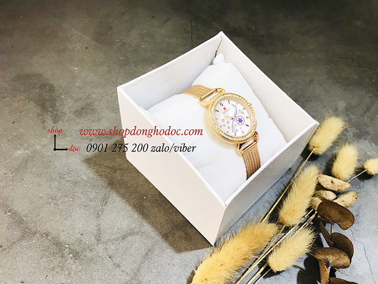 Đồng hồ nữ dây kim loại lưới mặt tròn vàng sang chảnh Reward ĐHĐ17702