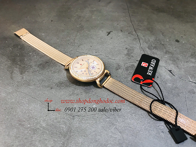 Đồng hồ nữ dây kim loại lưới mặt tròn vàng sang chảnh Reward ĐHĐ17702