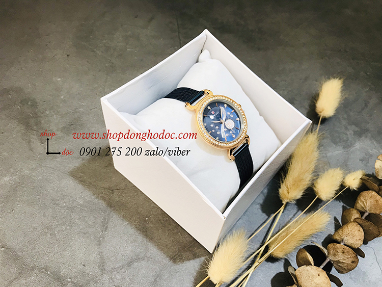 Đồng hồ nữ dây kim loại lưới mặt tròn xanh dương thời thượng Reward ĐHĐ17703