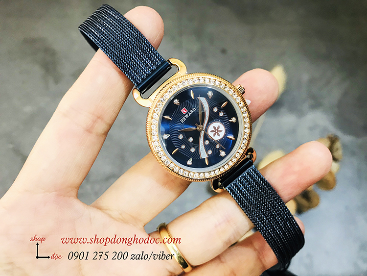 Đồng hồ nữ dây kim loại lưới mặt tròn xanh dương thời thượng Reward ĐHĐ17703