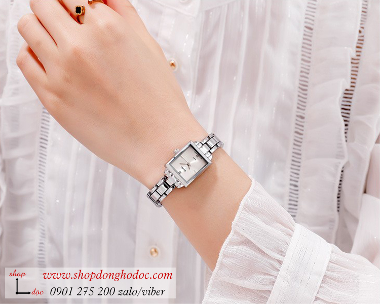 Đồng hồ nữ mặt nhỏ Skmei dây kim loại mặt vuông bạc hiện đại ĐHĐ25501