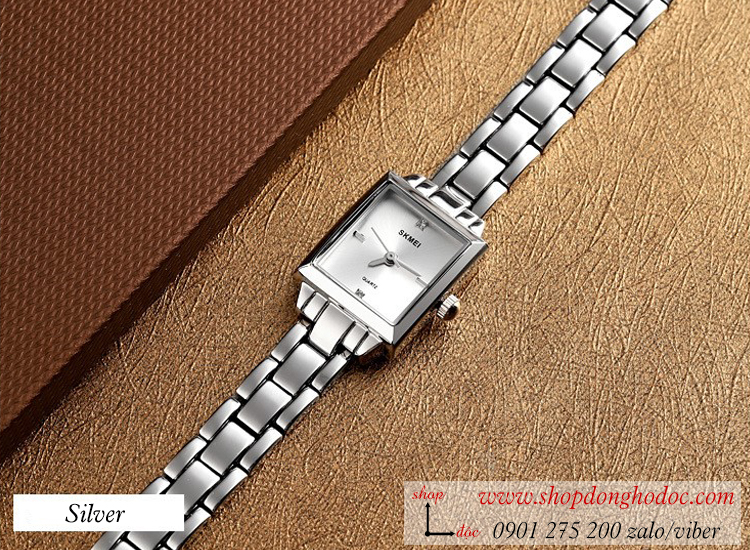 Đồng hồ nữ mặt nhỏ Skmei dây kim loại mặt vuông bạc hiện đại ĐHĐ25501