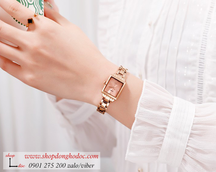 Đồng hồ nữ mặt nhỏ Skmei dây kim loại mặt vuông vàng hồng thời thượng ĐHĐ25502