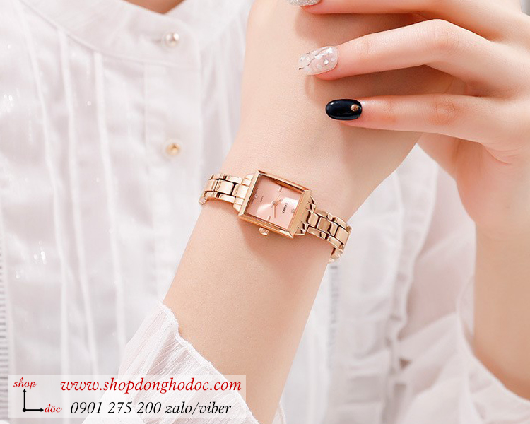 Đồng hồ nữ mặt nhỏ Skmei dây kim loại mặt vuông vàng hồng thời thượng ĐHĐ25502
