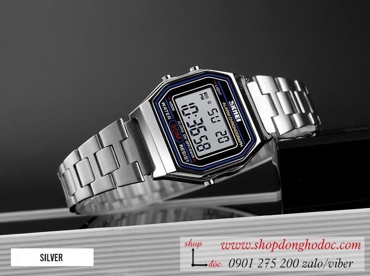 Đồng hồ nữ điện tử Skmei dây kim loại mặt vuông bạc hiện đại ĐHĐ25701