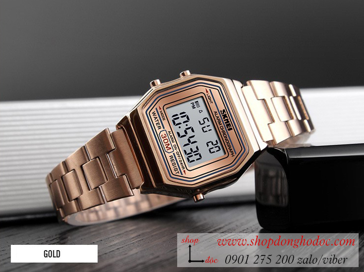Đồng hồ nữ điện tử Skmei dây kim loại mặt vuông vàng sang chảnh ĐHĐ25702
