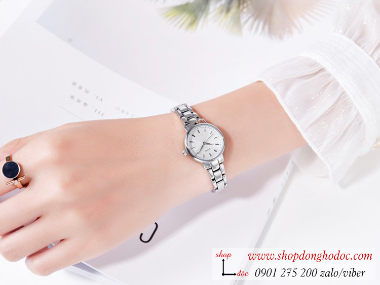 Đồng hồ nữ size nhỏ Skmei dây kim loại mặt tròn bạc thanh lịch ĐHĐ26101