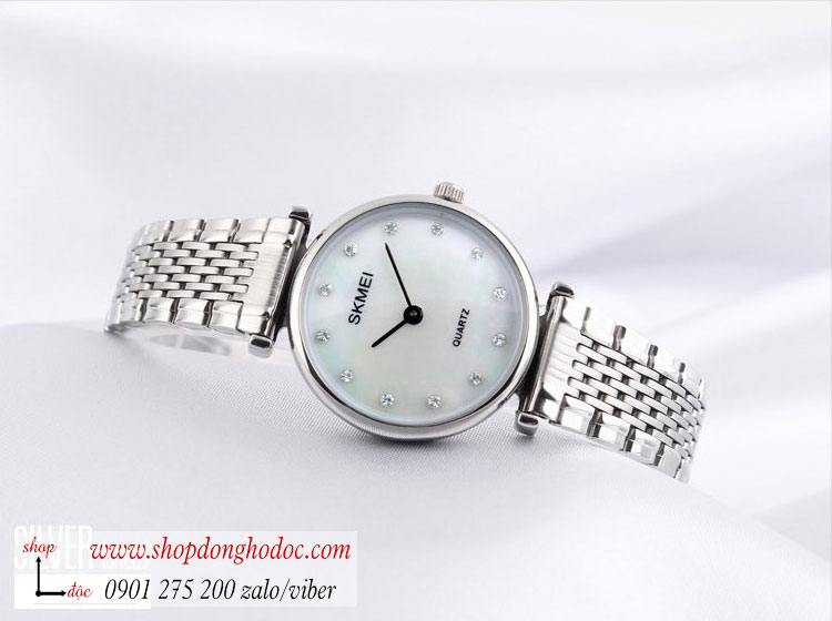 Đồng hồ nữ Skmei dây kim loại bạc mặt tròn khảm trai đẹp ĐHĐ26301