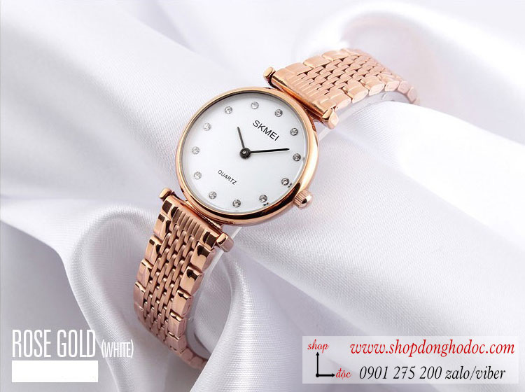 Đồng hồ nữ Skmei dây kim loại vàng mặt tròn trắng sang chảnh ĐHĐ26304