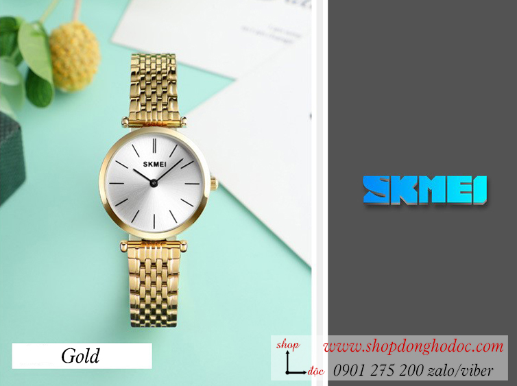 Đồng hồ nữ size nhỏ Skmei dây kim loại mặt tròn vàng sang chảnh ĐHĐ26404