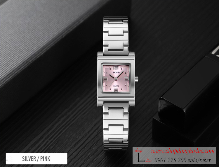 Đồng hồ nữ Skmei dây kim loại bạc mặt vuông hồng nhẹ nhàng ĐHĐ26702