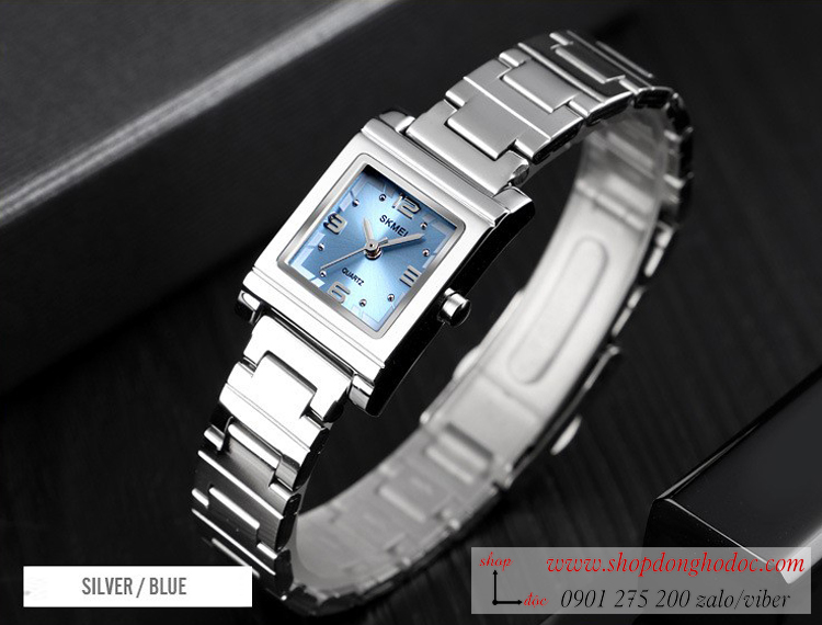 Đồng hồ nữ Skmei dây kim loại bạc mặt vuông xanh cá tính ĐHĐ26703