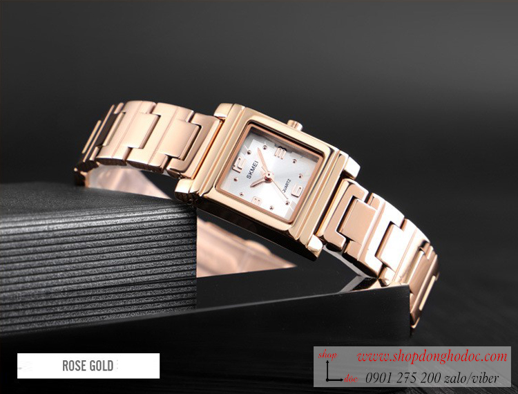 Đồng hồ nữ Skmei dây kim loại bạc mặt vuông vàng hồng sang chảnh ĐHĐ26704