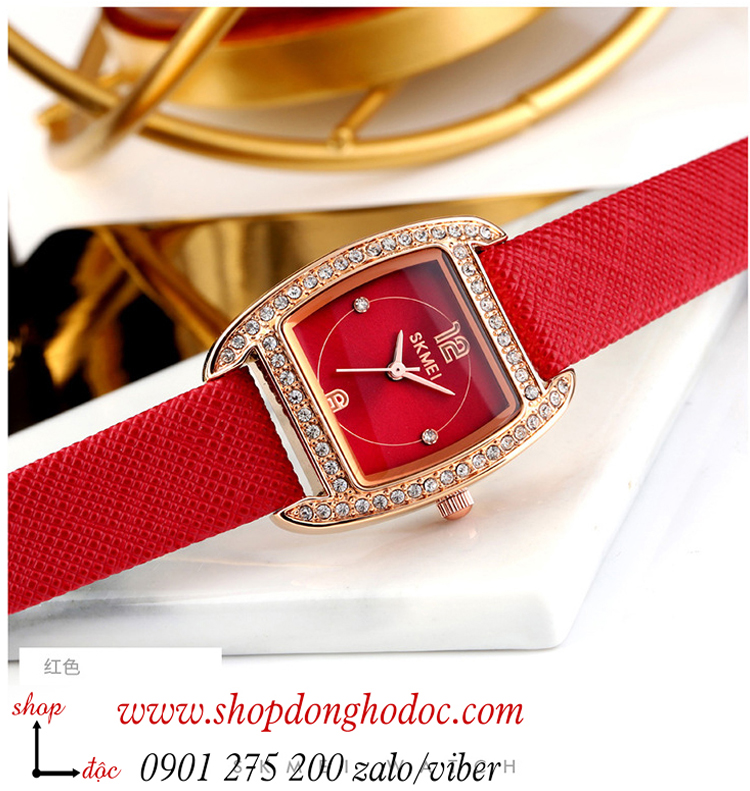 Đồng hồ nữ Skmei dây da mặt vuông đính đá đỏ quyến rũ ĐHĐ36502