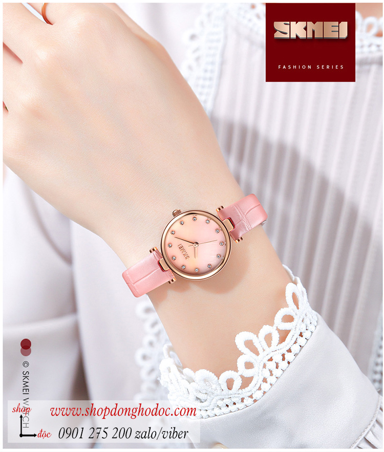 Đồng hồ nữ Skmei dây da mặt tròn size nhỏ hồng pastel ngọt ngào ĐHĐ36703