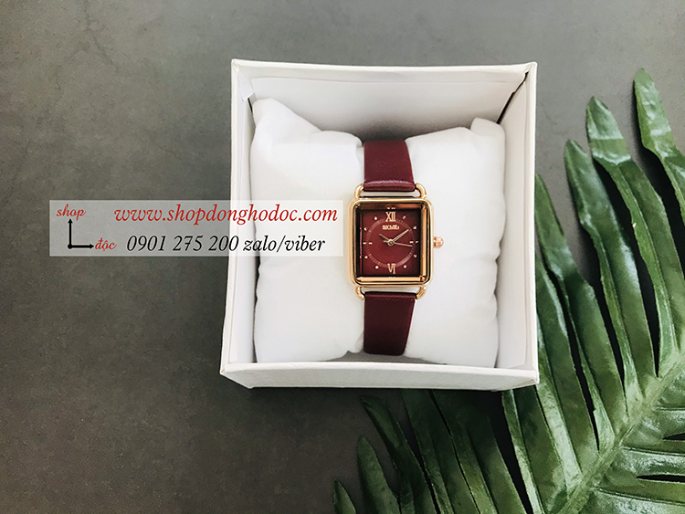 Đồng hồ nữ Skmei dây da mặt vuông size nhỏ đỏ đô quý phái ĐHĐ36803